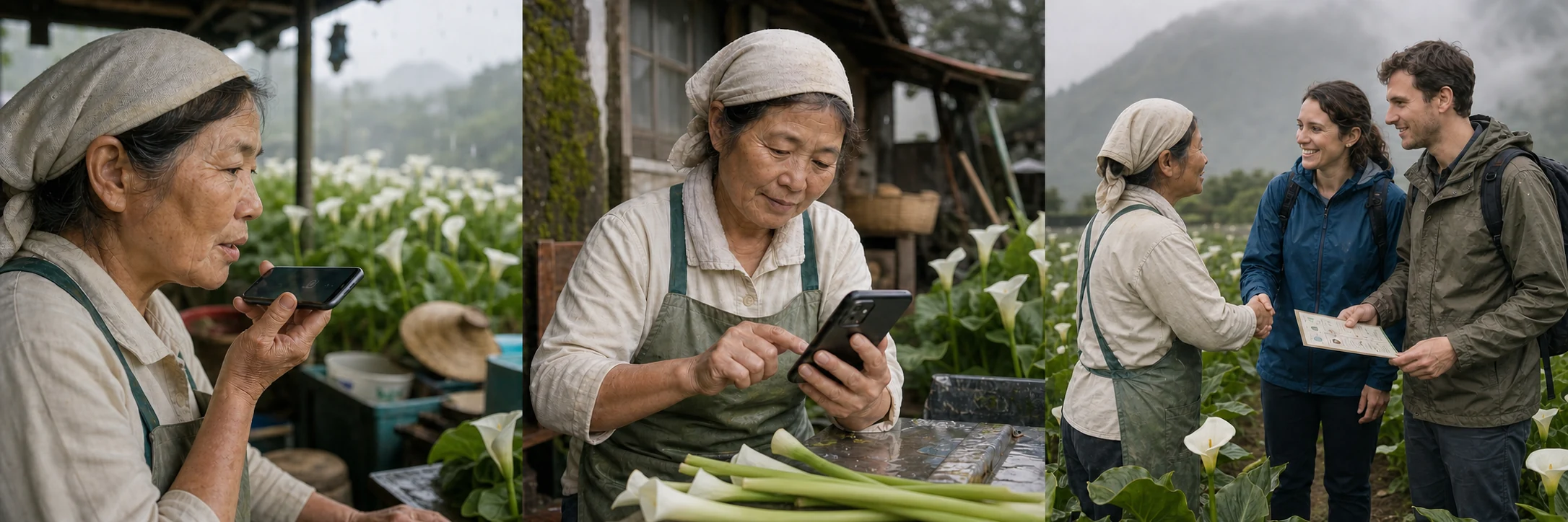 Three moments: a calla lily farmer records a voice update, approves it on a phone, and welcomes prepared visitors